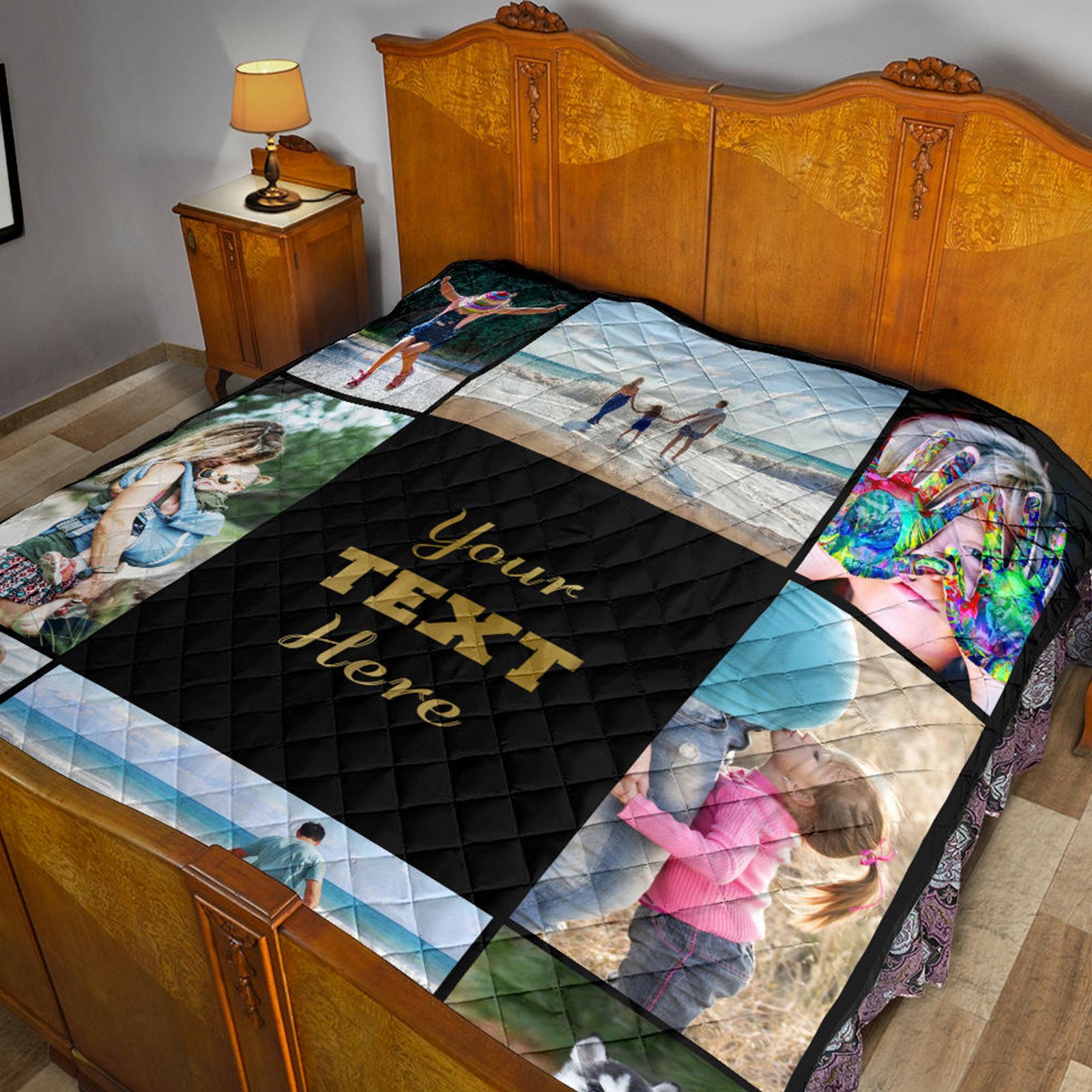 Family photographs arranged on a black quilt