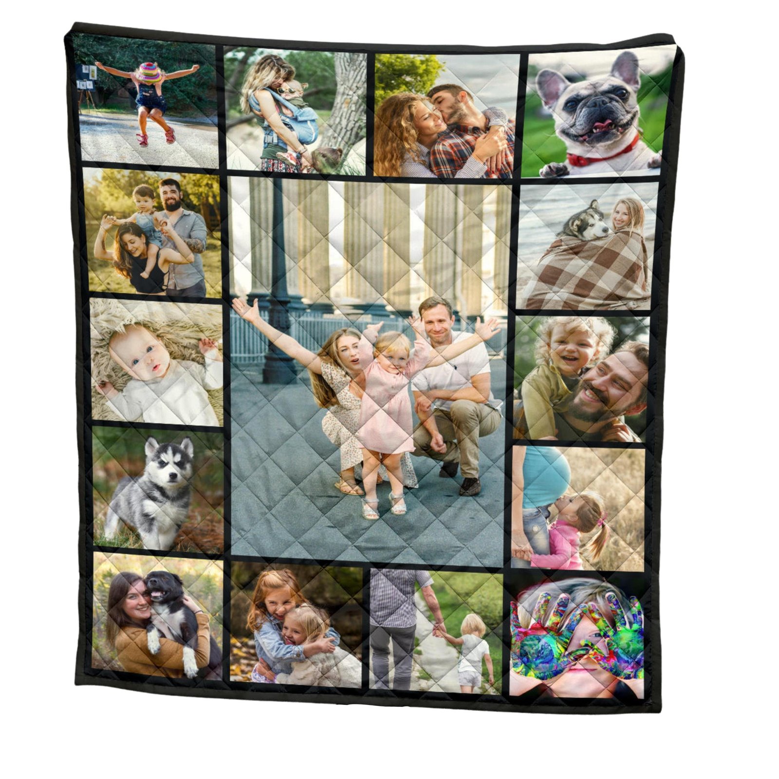 Family photo quilt on a couch