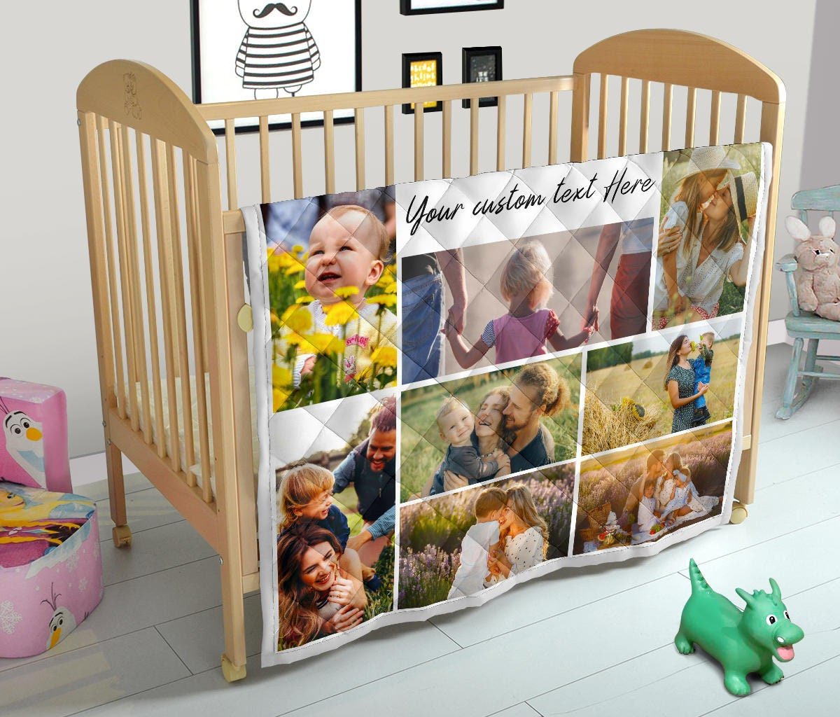 White quilt featuring baby photographs